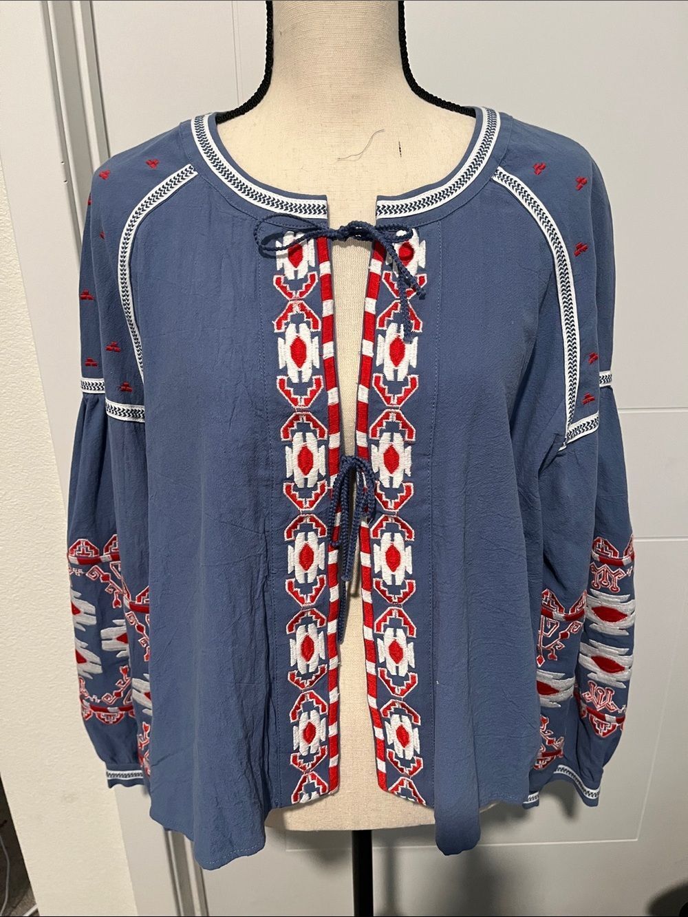 RD + Koko Blue Embroidered Front Tie Bohemian Puff Sleeves Top Festival NWT